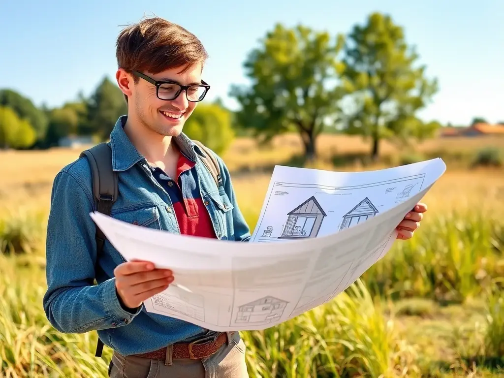 A person happily reviewing blueprints for a tiny home build, showcasing the excitement of planning a small-scale construction project, set against a backdrop of a sunny, natural landscape.
