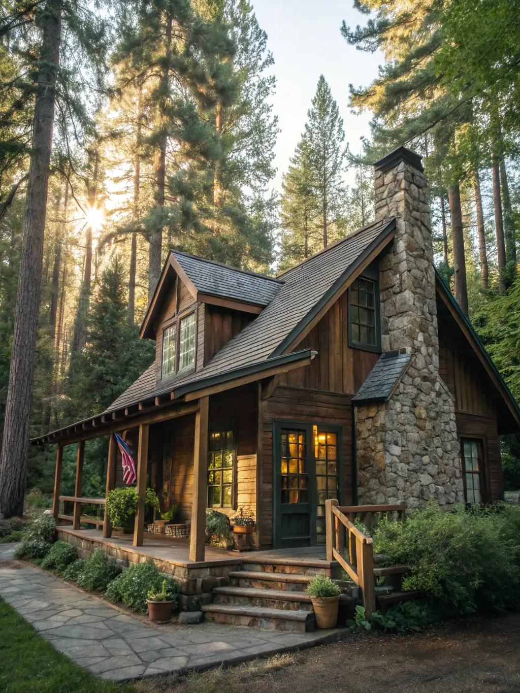 A solar-powered off-grid cabin surrounded by nature, emphasizing sustainability. The image should evoke a sense of self-sufficiency, harmony with nature, and eco-friendly living.