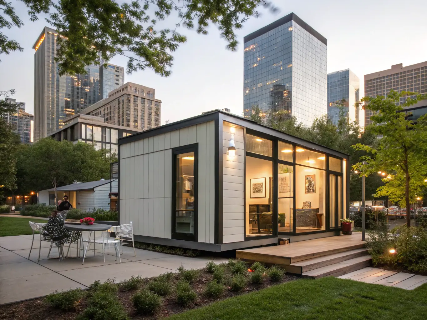 A photograph showcasing a modern tiny home exterior with solar panels, set in a rural Australian landscape, emphasizing off-grid living and sustainable design.
