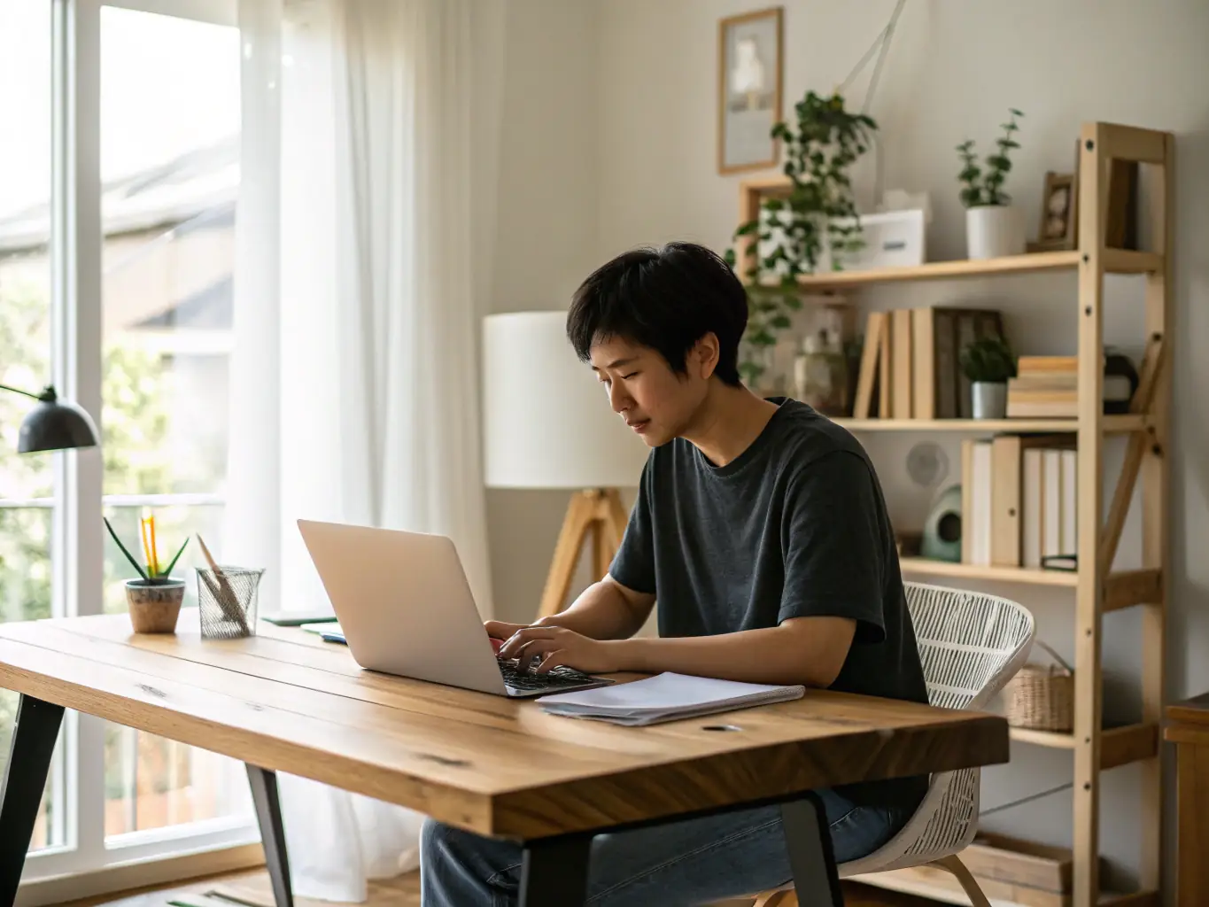 A self-employed individual working on a laptop inside a modern, compact tiny home office, highlighting the convenience and flexibility of remote work in a small space.