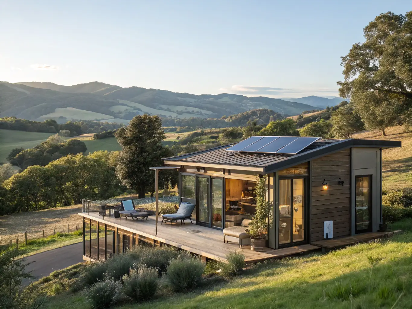 A picturesque tiny home nestled in a serene, natural setting, emphasizing the appeal of sustainable and affordable living, with solar panels visible on the roof.