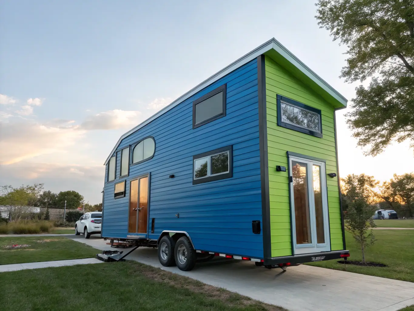 A picture depicting a tiny home being transported on a trailer, emphasizing its mobility and the associated costs of transport and setup.