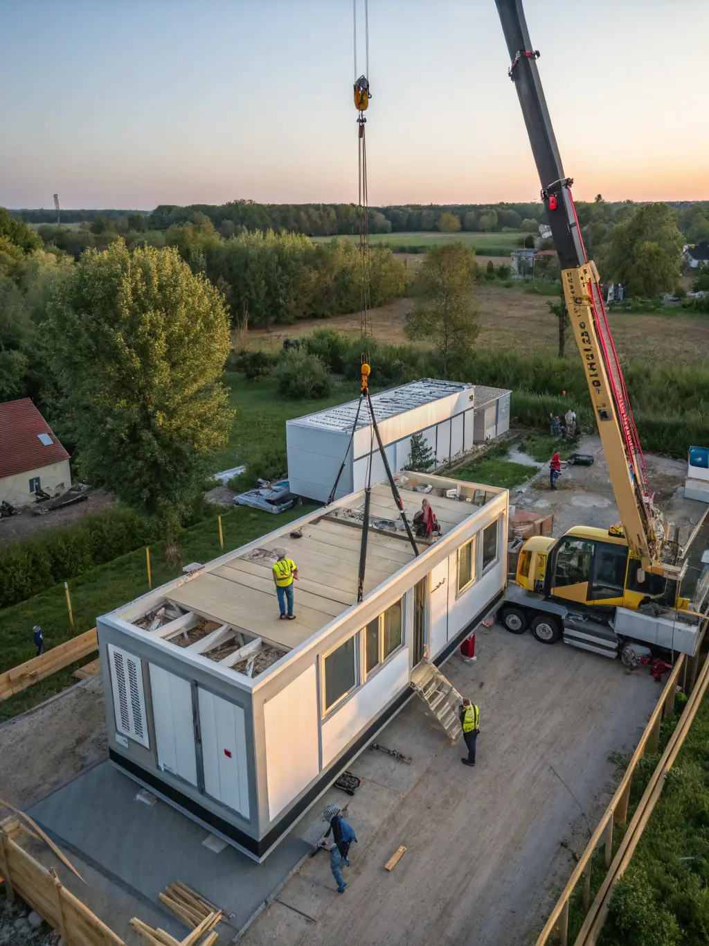 A modern modular house being assembled on-site, showcasing innovative construction. The image should highlight the speed, efficiency, and design flexibility of modular construction.
