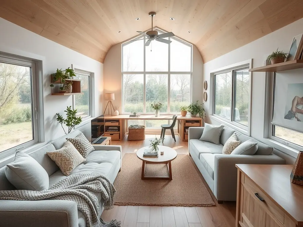 A cozy, modern tiny home interior with large windows, showcasing a minimalist design and comfortable living space, emphasizing the appeal of tiny home living.