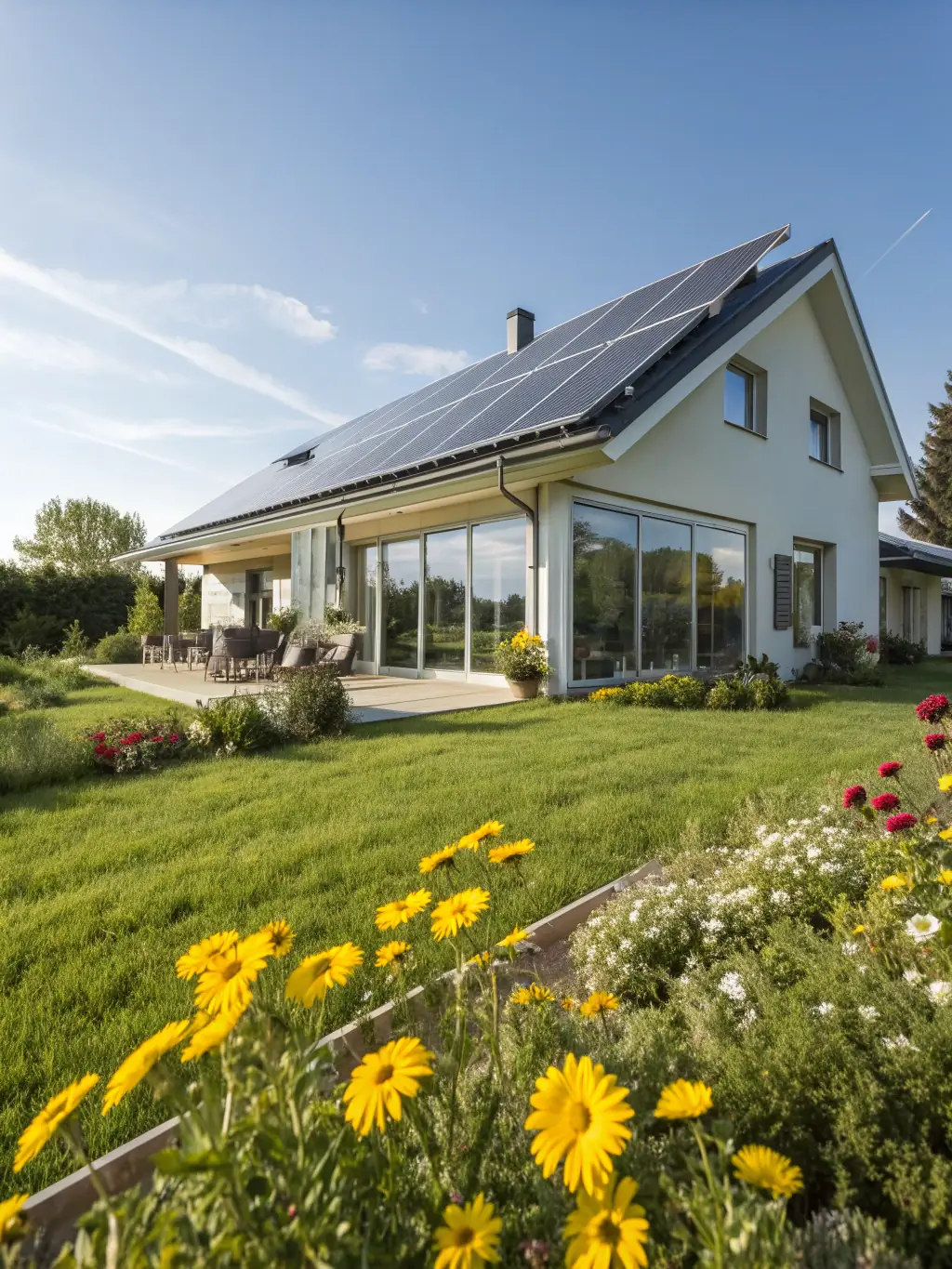 A self-sufficient off-grid home powered by solar panels and surrounded by a thriving garden, illustrating sustainable living and energy independence. The image should inspire a sense of freedom and environmental responsibility.