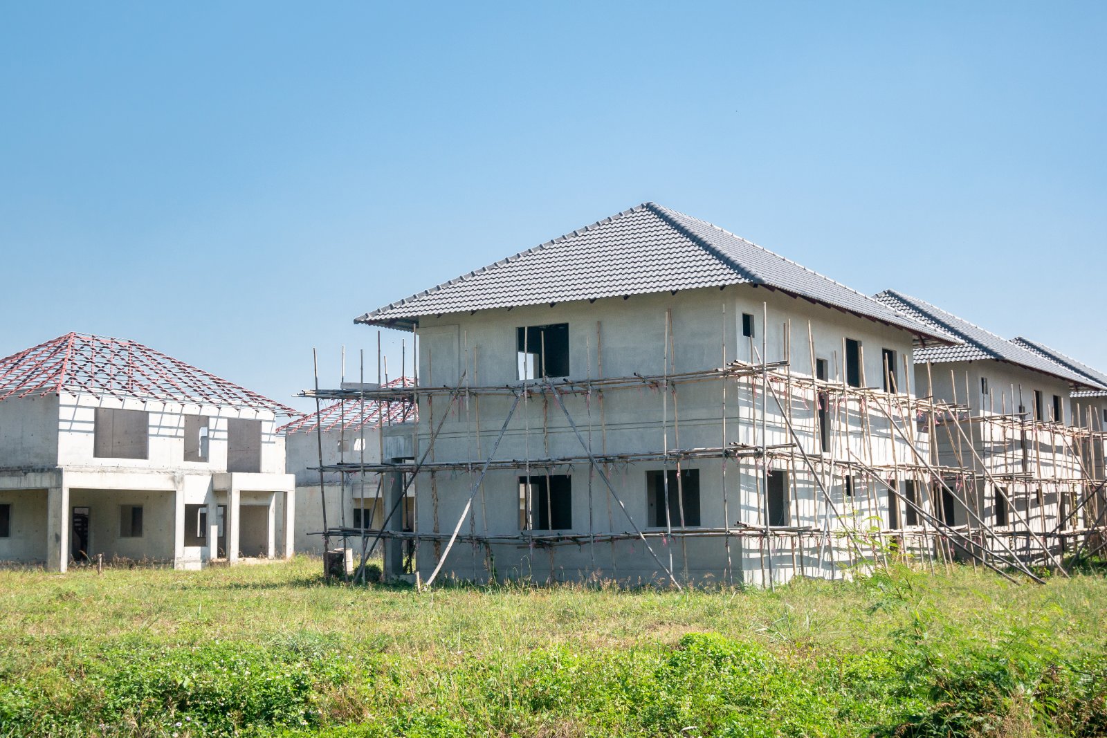 Modern prefabricated flat pack home under construction on a building site in Australia
