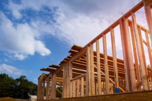 New house under construction at the timber frame stage